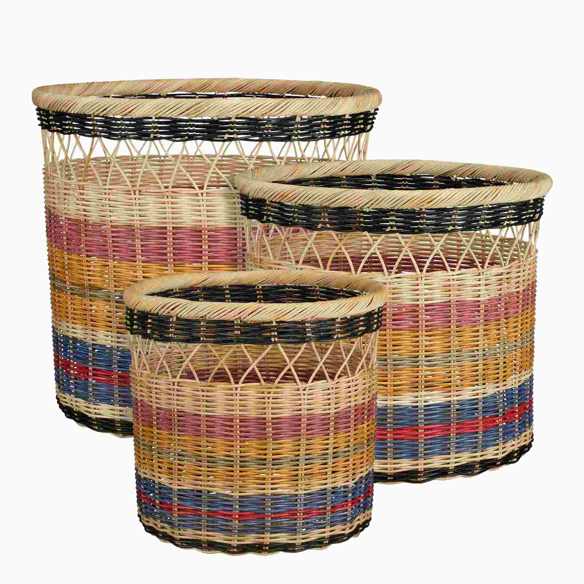 Mica Decorations Mand Strepen - 44x44x40 cm - Rotan - Lichtbruin- Set van 3