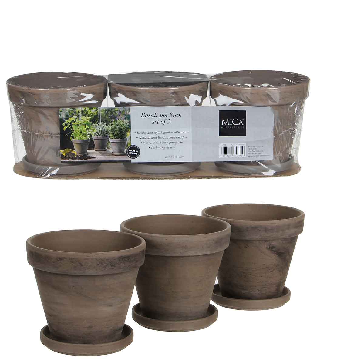 Mica Decorations Stan Bloempotjes - 13x13x12 cm - Grijs - Set van 3