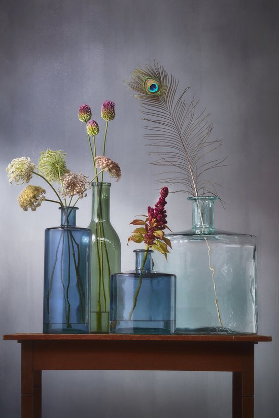 Mica Decorations Guan Fles Vaas - H40 x Ø15 cm - Glas - Blauw