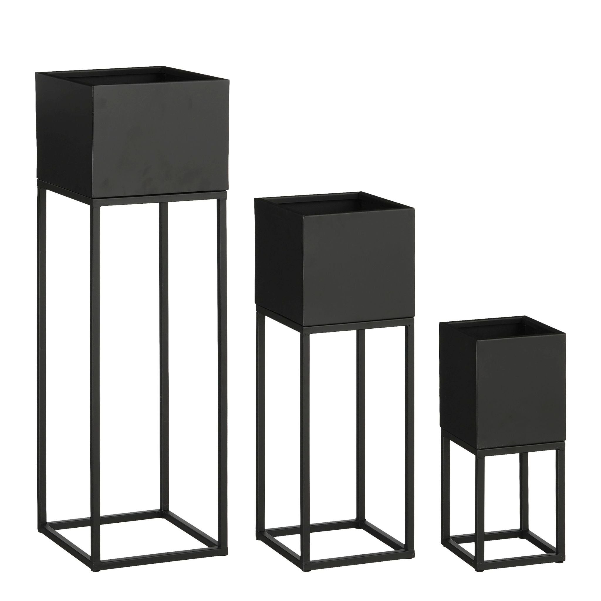 Mica Decorations Bloempot Timon - 24x24x78 cm - Ijzer - Zwart - Set van 3