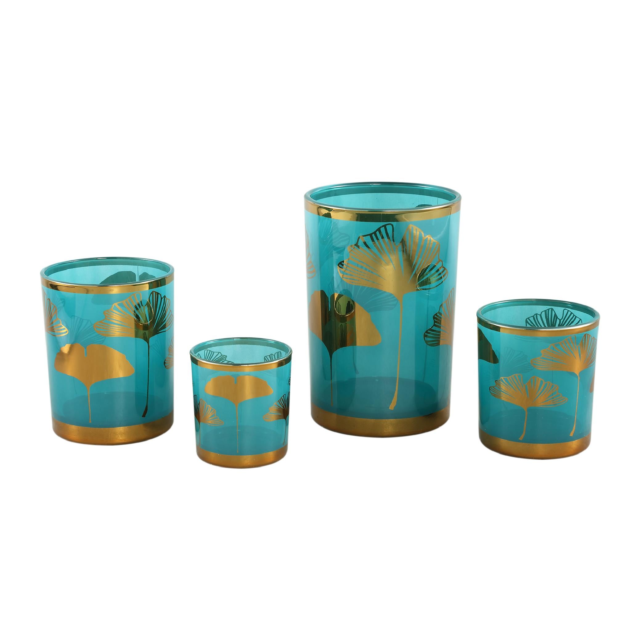 PTMD Yuga Ronde Theelichthouder - H18 x Ø12 cm - Glas - Blauw/Goud