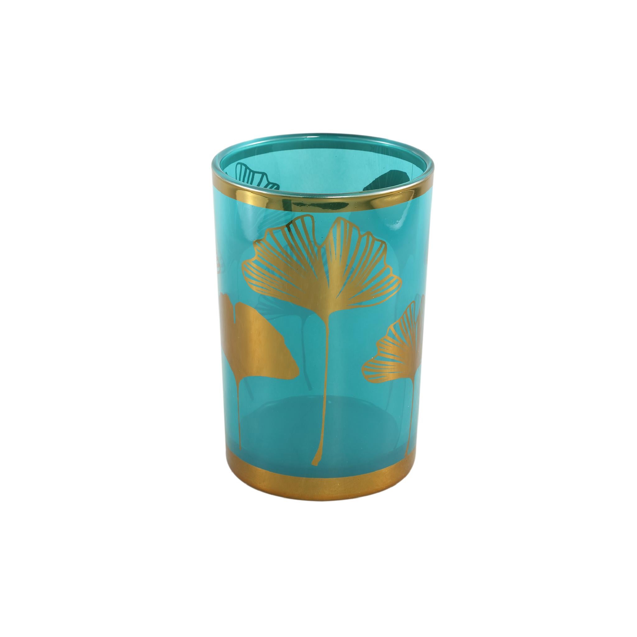 PTMD Yuga Ronde Theelichthouder - H18 x Ø12 cm - Glas - Blauw/Goud