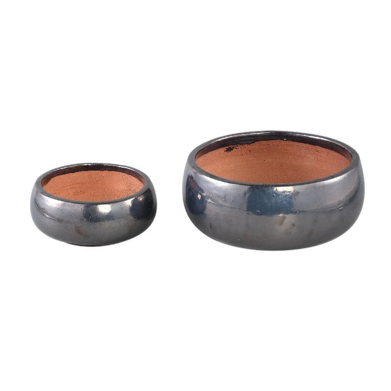 PTMD Bloempot Nayaa - 30x30x14 cm - Keramiek - Zilver - Set van 2