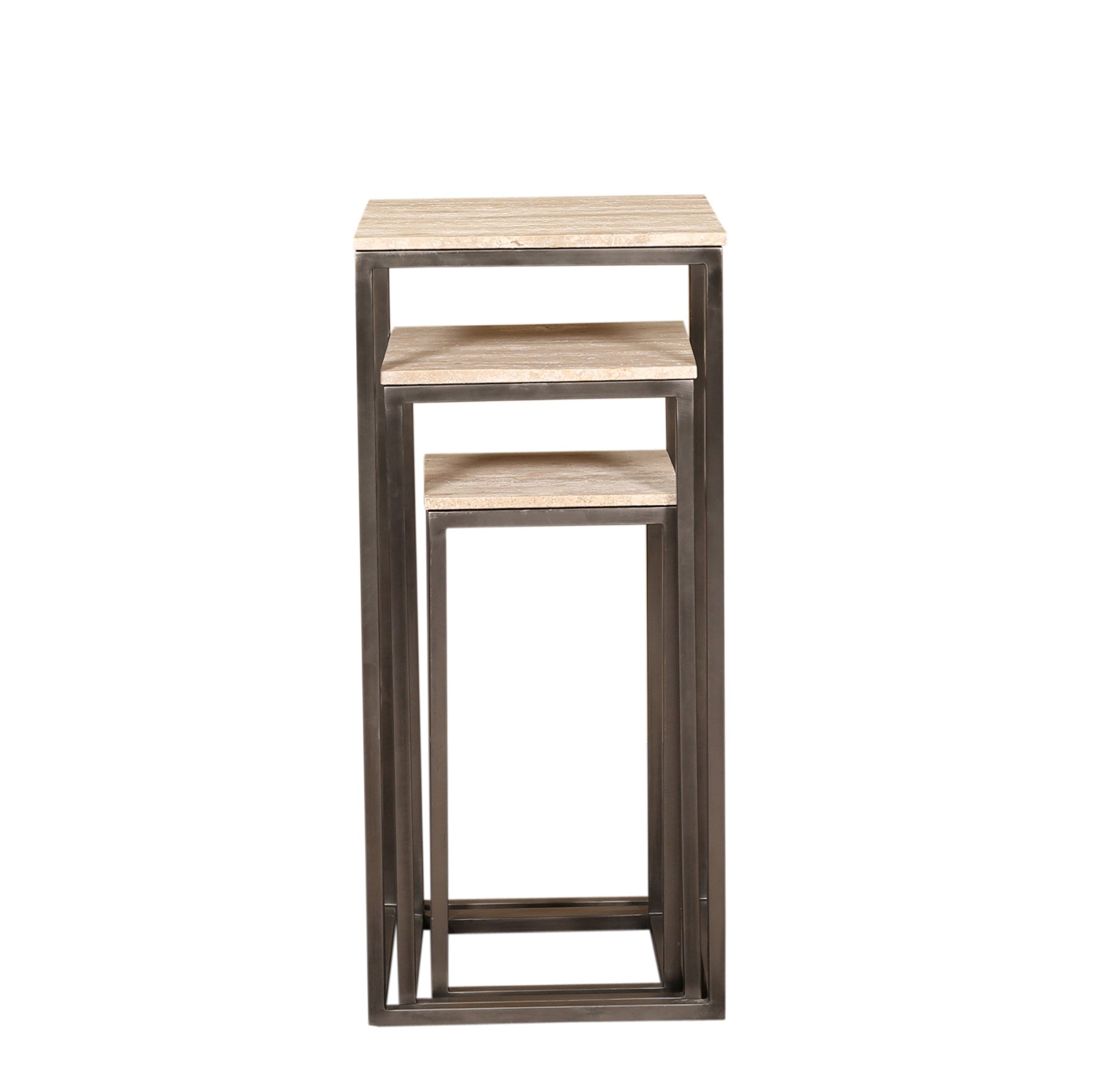 PTMD Bijzettafel Zoah - 40x40x90 cm - Travertijn - Zwart- Set van 3