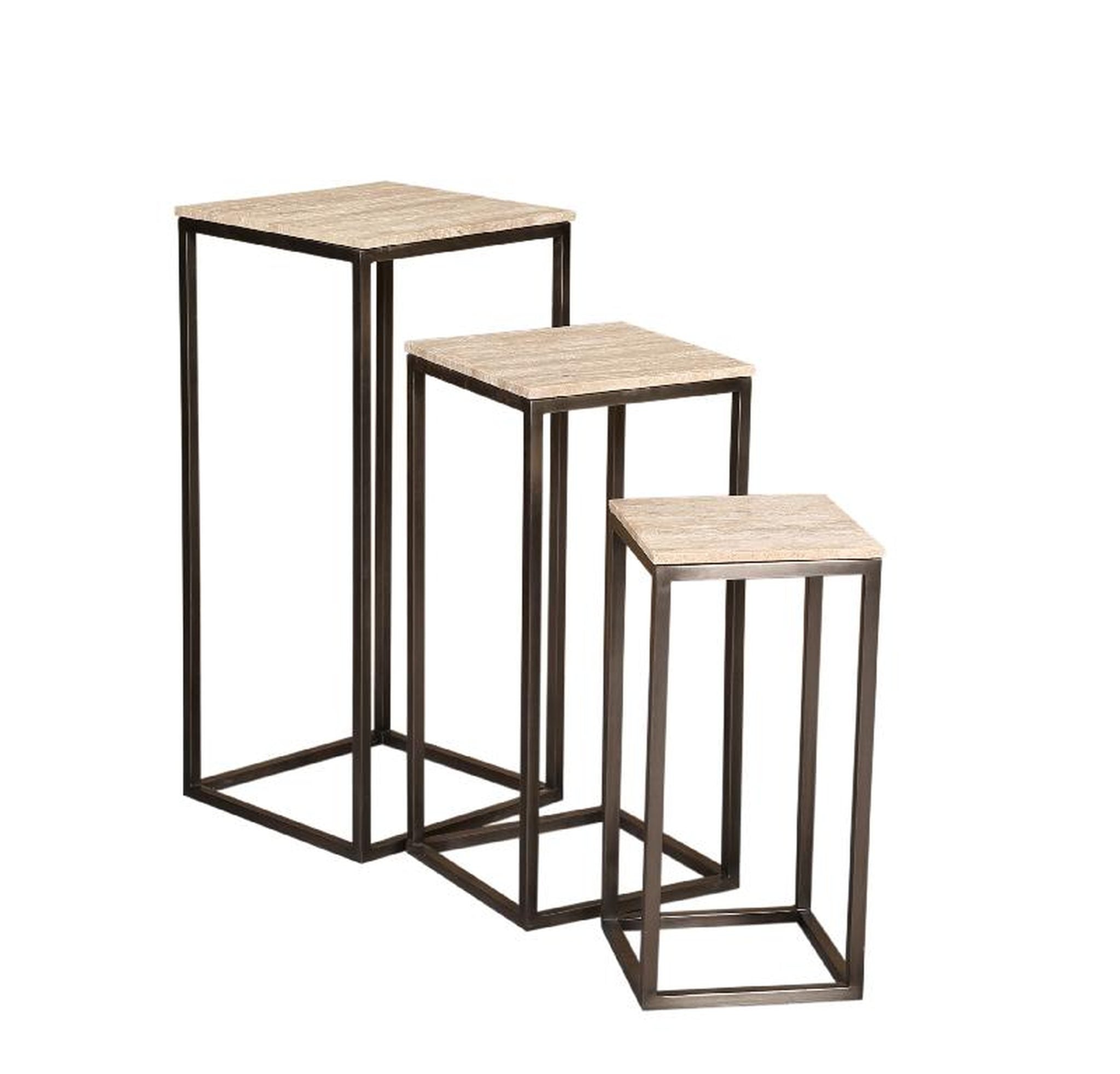 PTMD Bijzettafel Zoah - 40x40x90 cm - Travertijn - Zwart- Set van 3