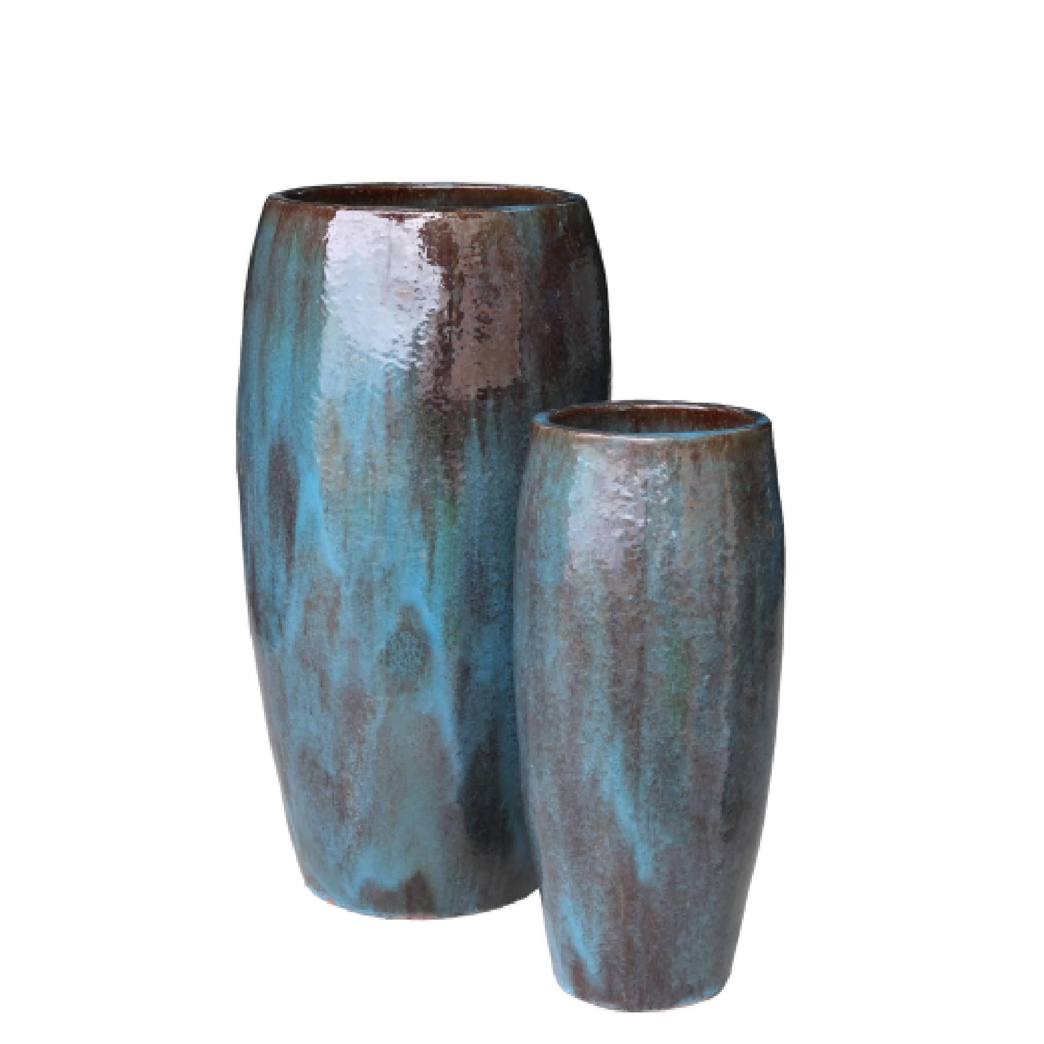 PTMD Bloempot Rachyl - 45x45x90 cm - Keramiek - Blauw- Set van 2