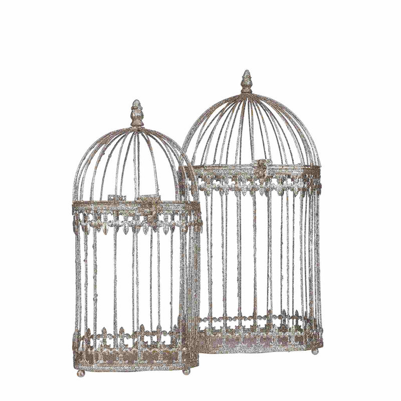 House of Seasons Decoratieve Object Vogelhuis - 20x20x44 cm - Ijzer - Champagne- Set van 2