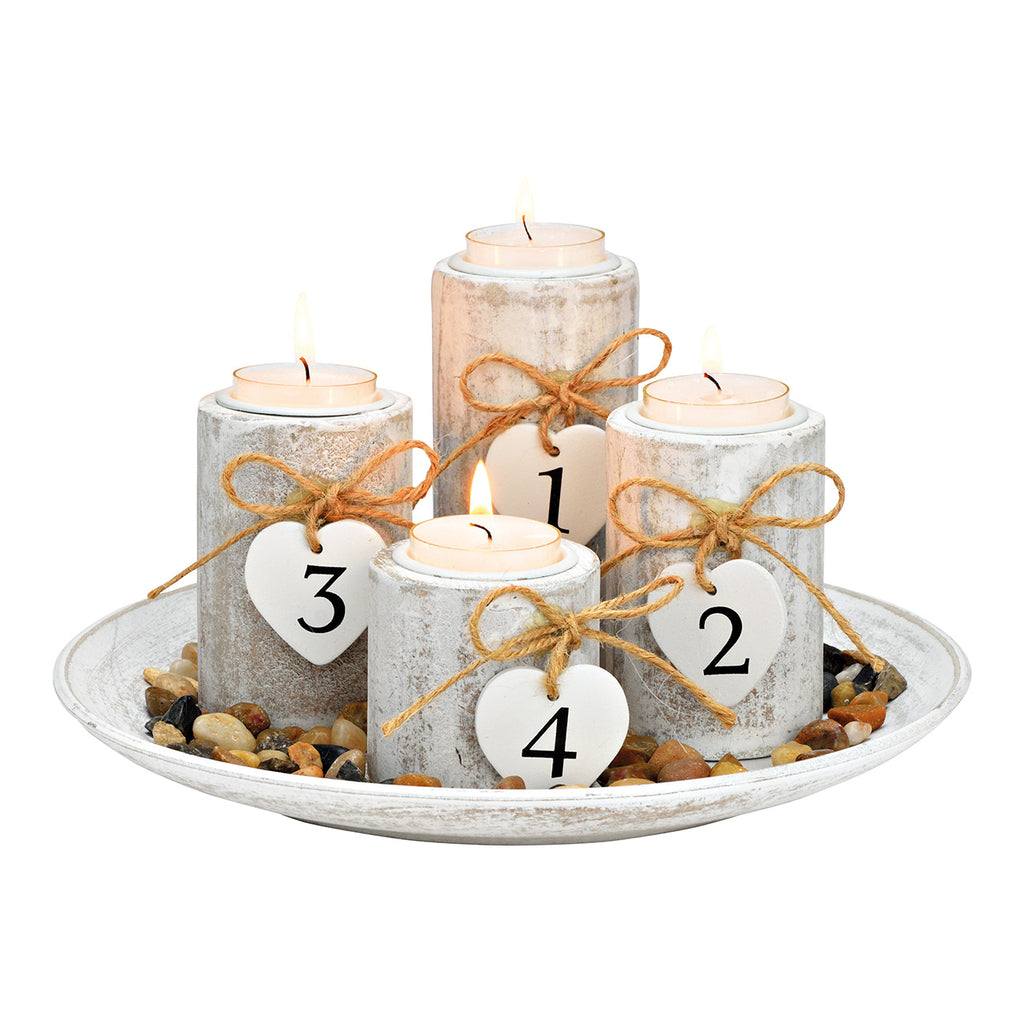 SVJ Kandelaar Adventsarrangement - 24x24x12 cm - Hout - Wit - Set van 4