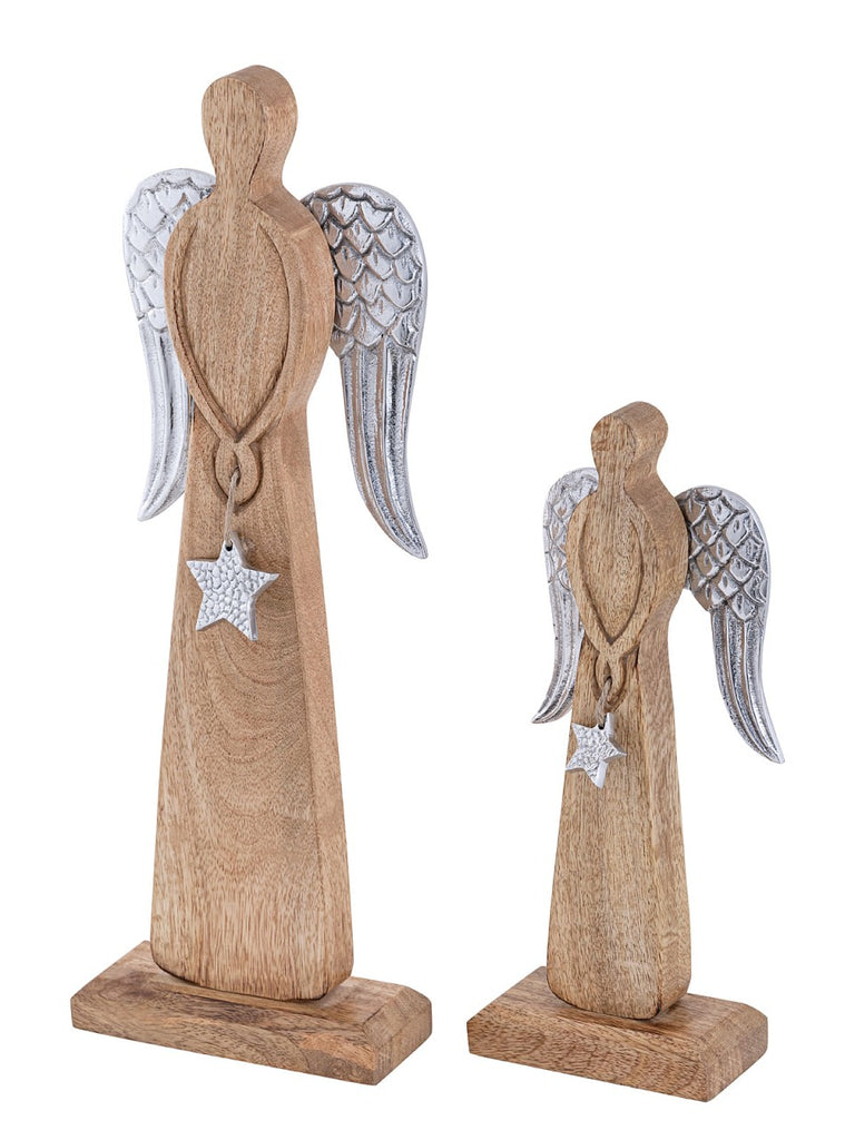 SVJ Decoratieve Engel - 6x16x47 cm - Mango Hout - Naturel - Set van 2