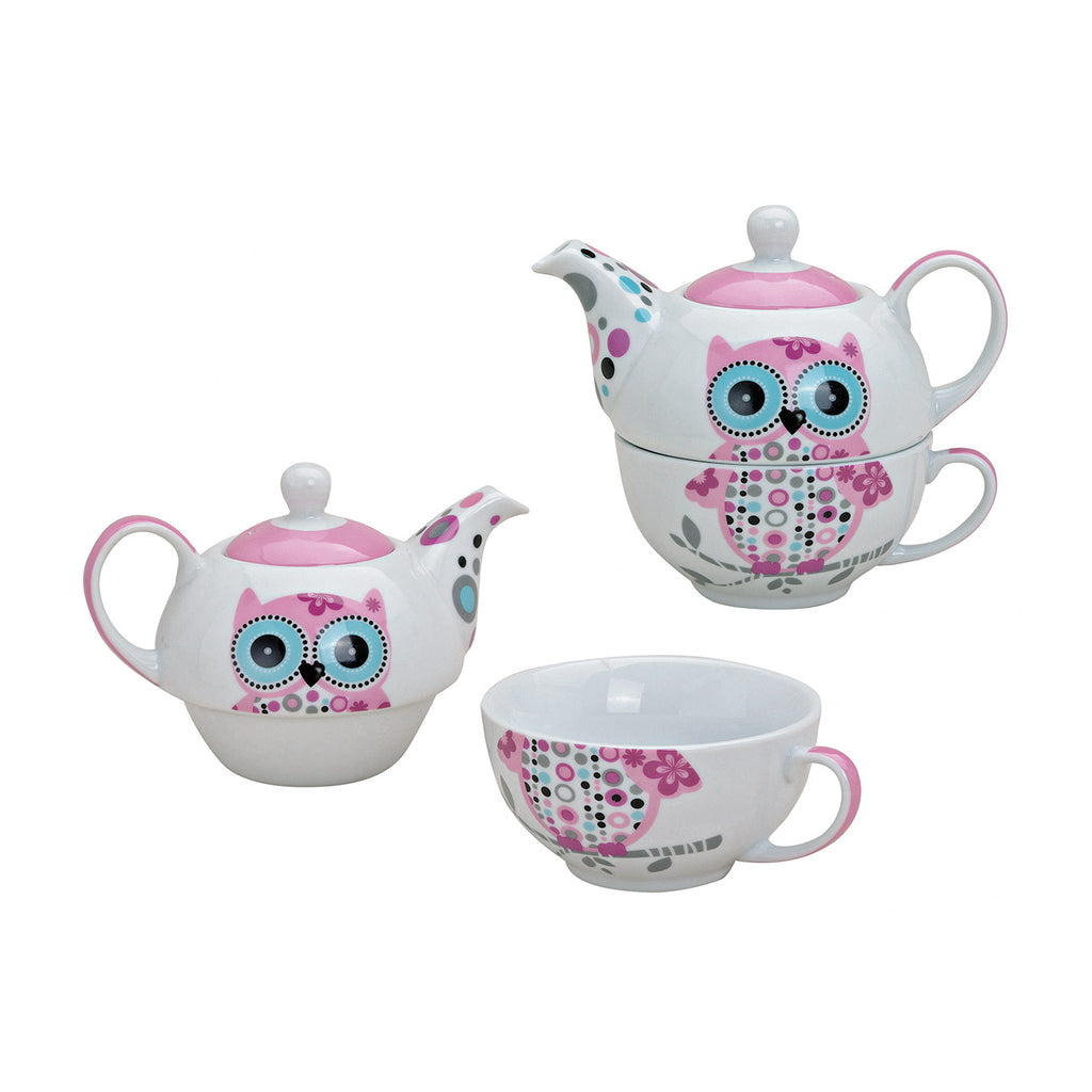 SVJ Servies Theepotset met uilendecoratie - 0x0x0 cm - Porselein - Wit