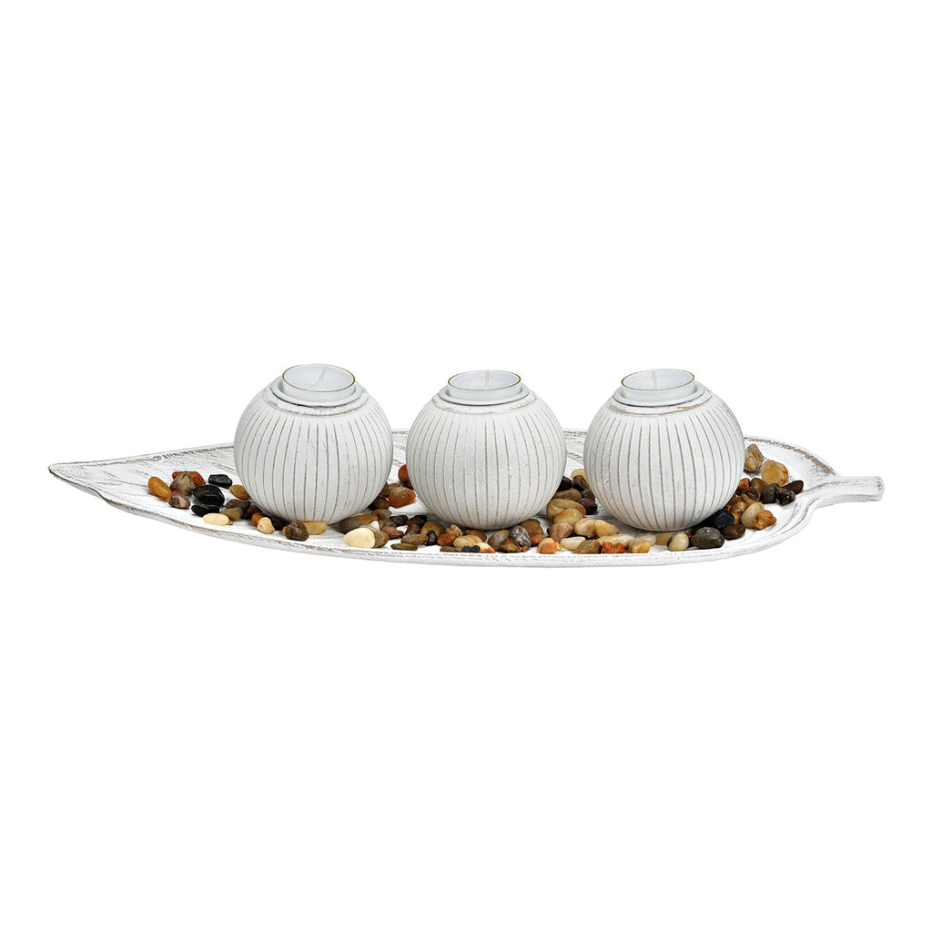 SVJ Kandelaar Theelichthouder - 18x45x10 cm - Hout - Wit - Set van 3