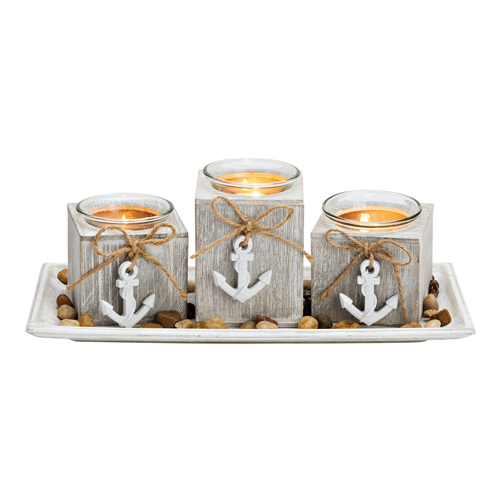 SVJ Kandelaar Theelichthouders - 11x28x13 cm - Hout - Wit - Set van 3