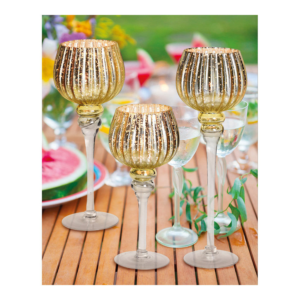 SVJ Kandelaar Gecanneleerde beker - 45x32x15 cm - Glas - Goud - Set van 3