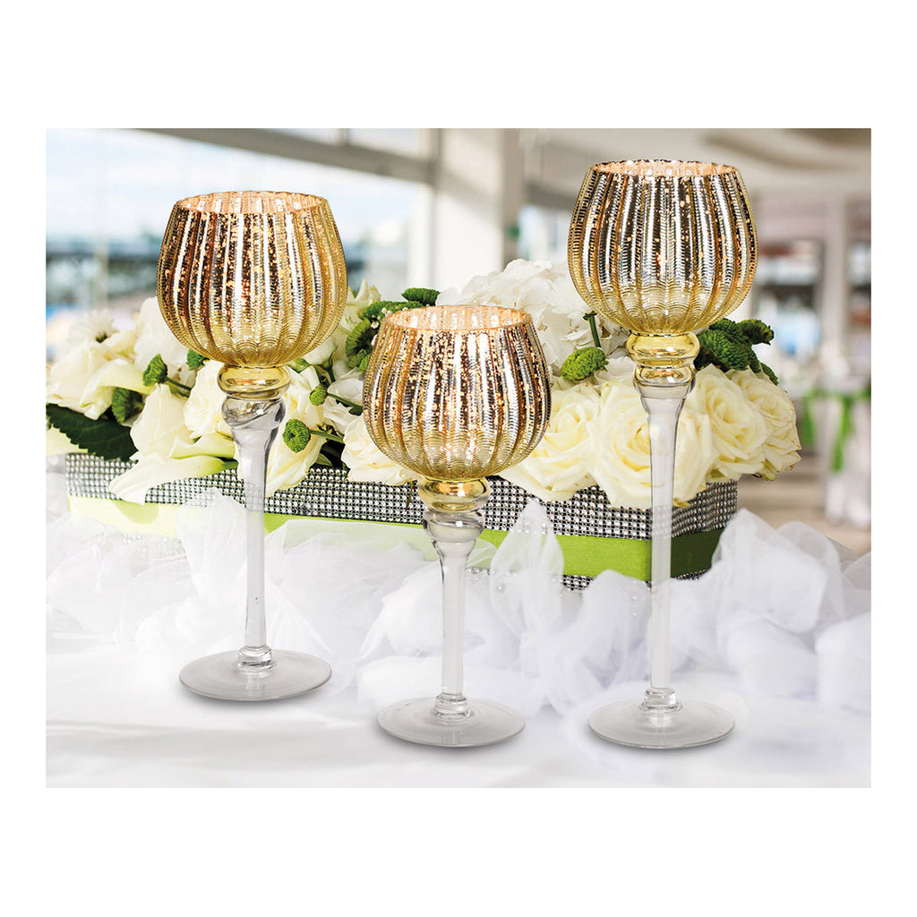 SVJ Kandelaar Gecanneleerde beker - 45x32x15 cm - Glas - Goud - Set van 3