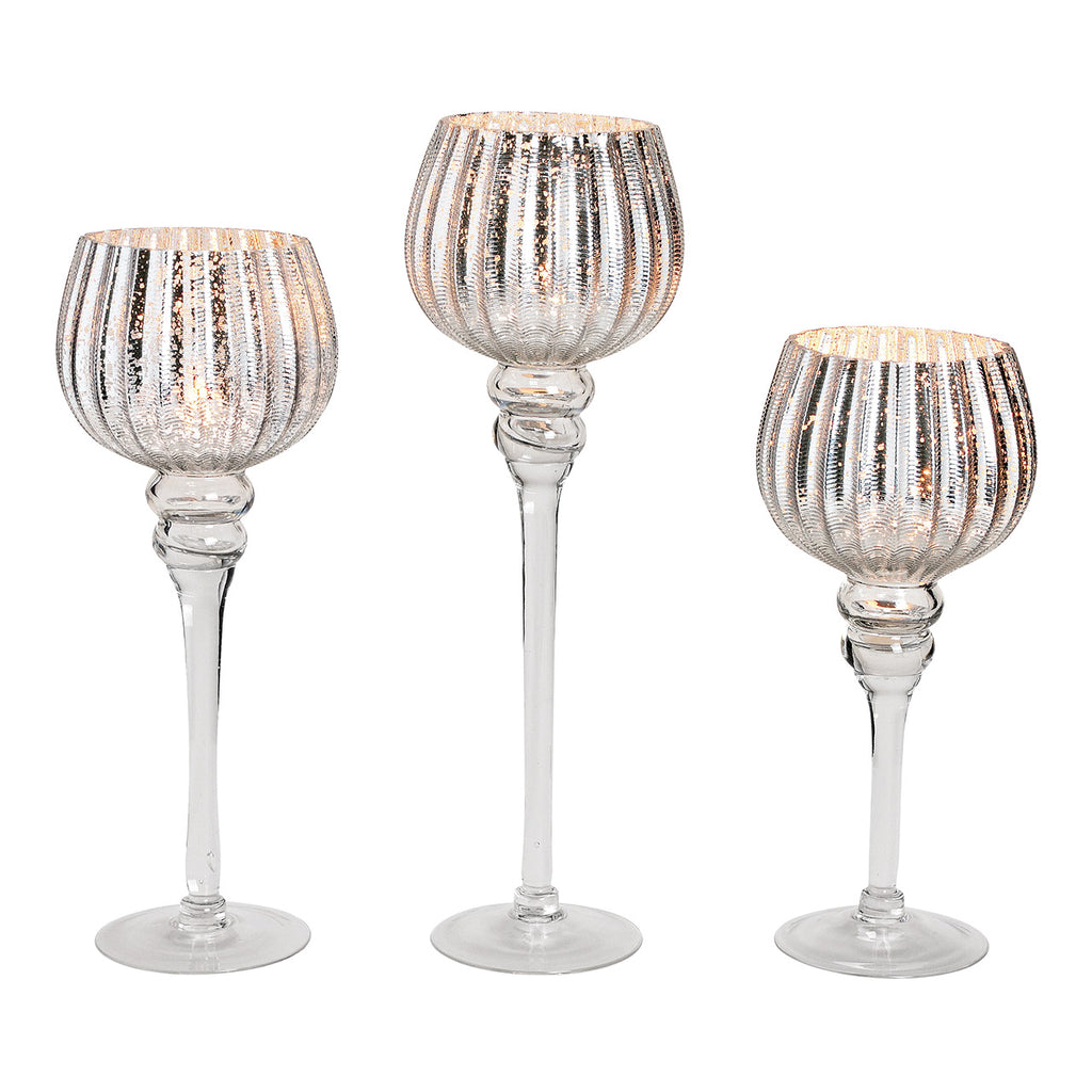 SVJ Kandelaar Gecanneleerde beker - 45x32x15 cm - Glas - Zilver - Set van 3