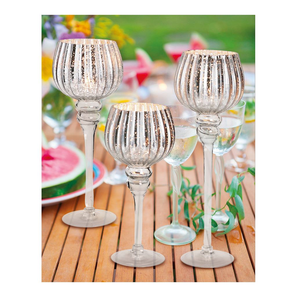 SVJ Kandelaar Gecanneleerde beker - 45x32x15 cm - Glas - Zilver - Set van 3