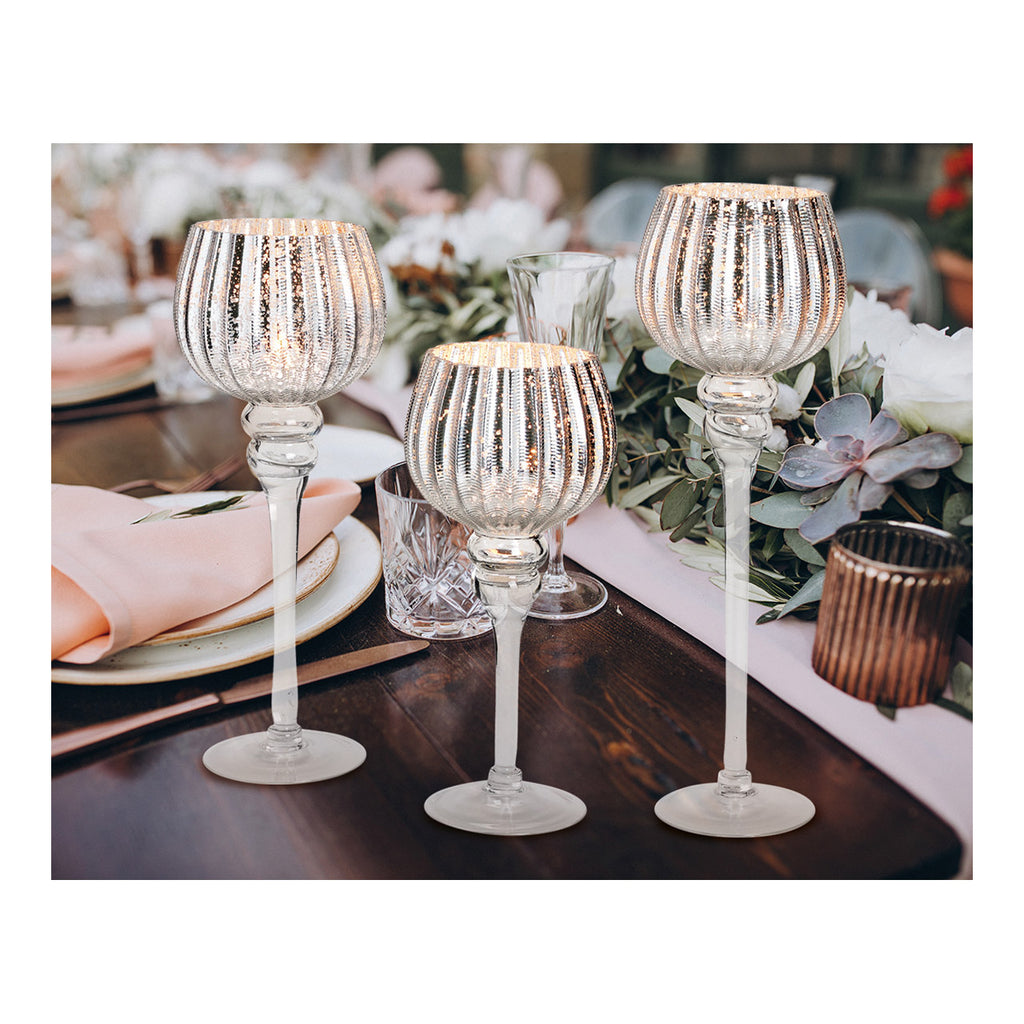 SVJ Kandelaar Gecanneleerde beker - 45x32x15 cm - Glas - Zilver - Set van 3