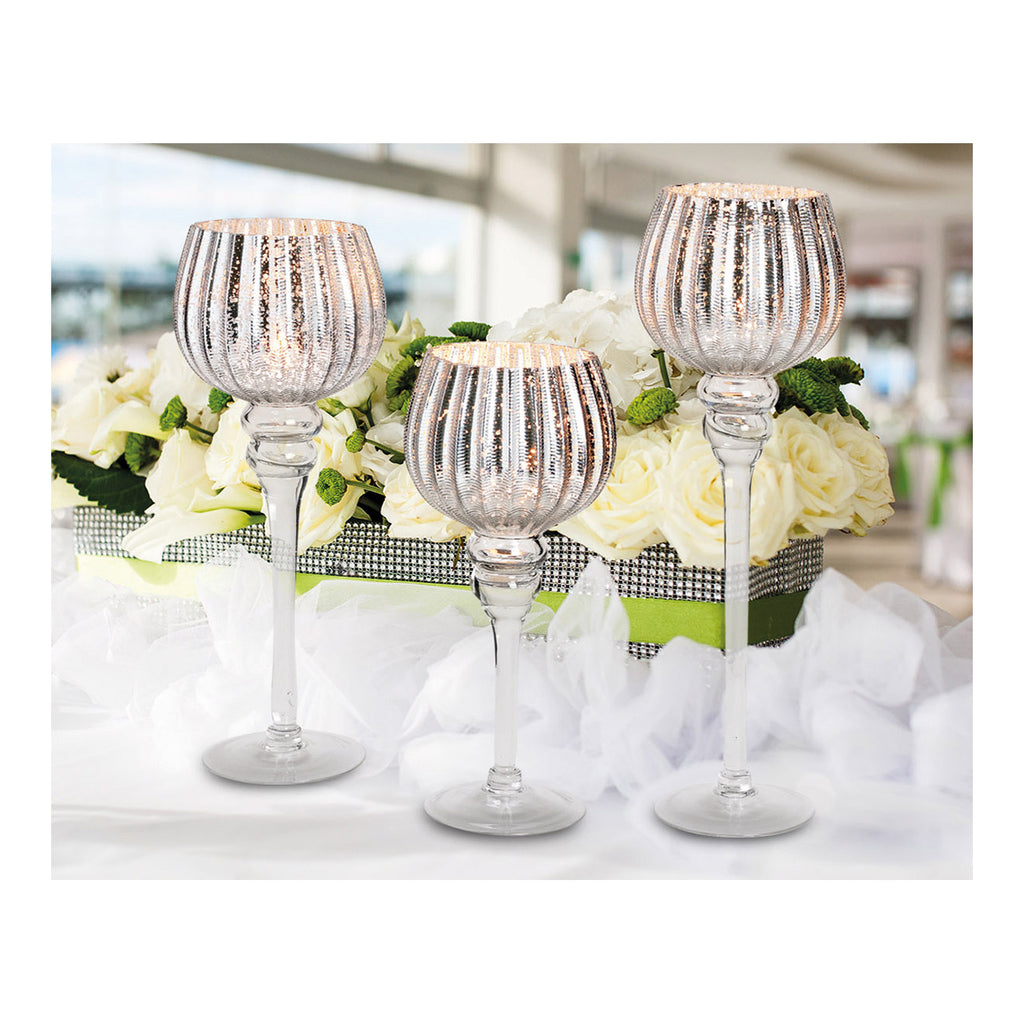 SVJ Kandelaar Gecanneleerde beker - 45x32x15 cm - Glas - Zilver - Set van 3