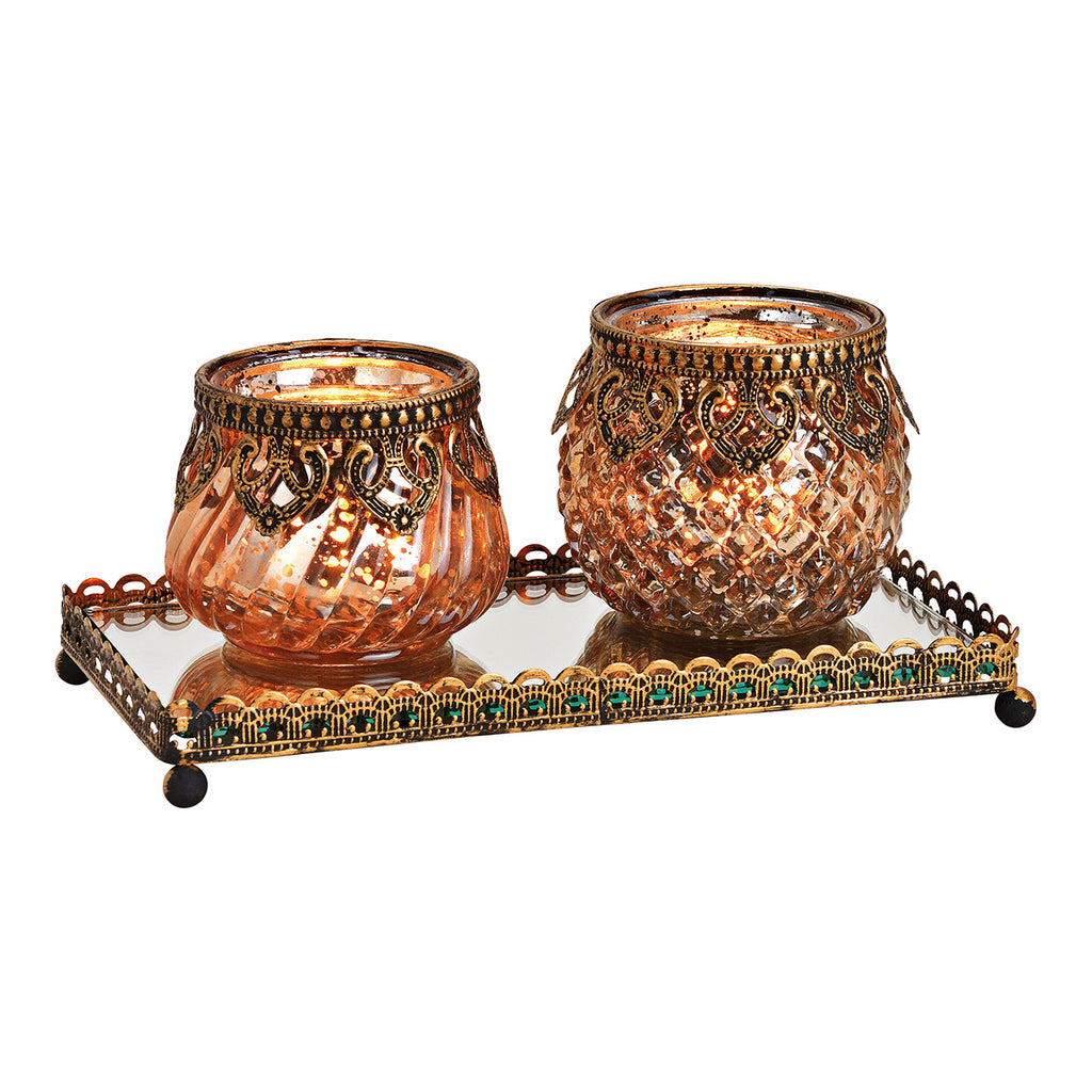 SVJ Kandelaar Spiegelblad - 11x20x9 cm - Glas - Champagne - Set van 3