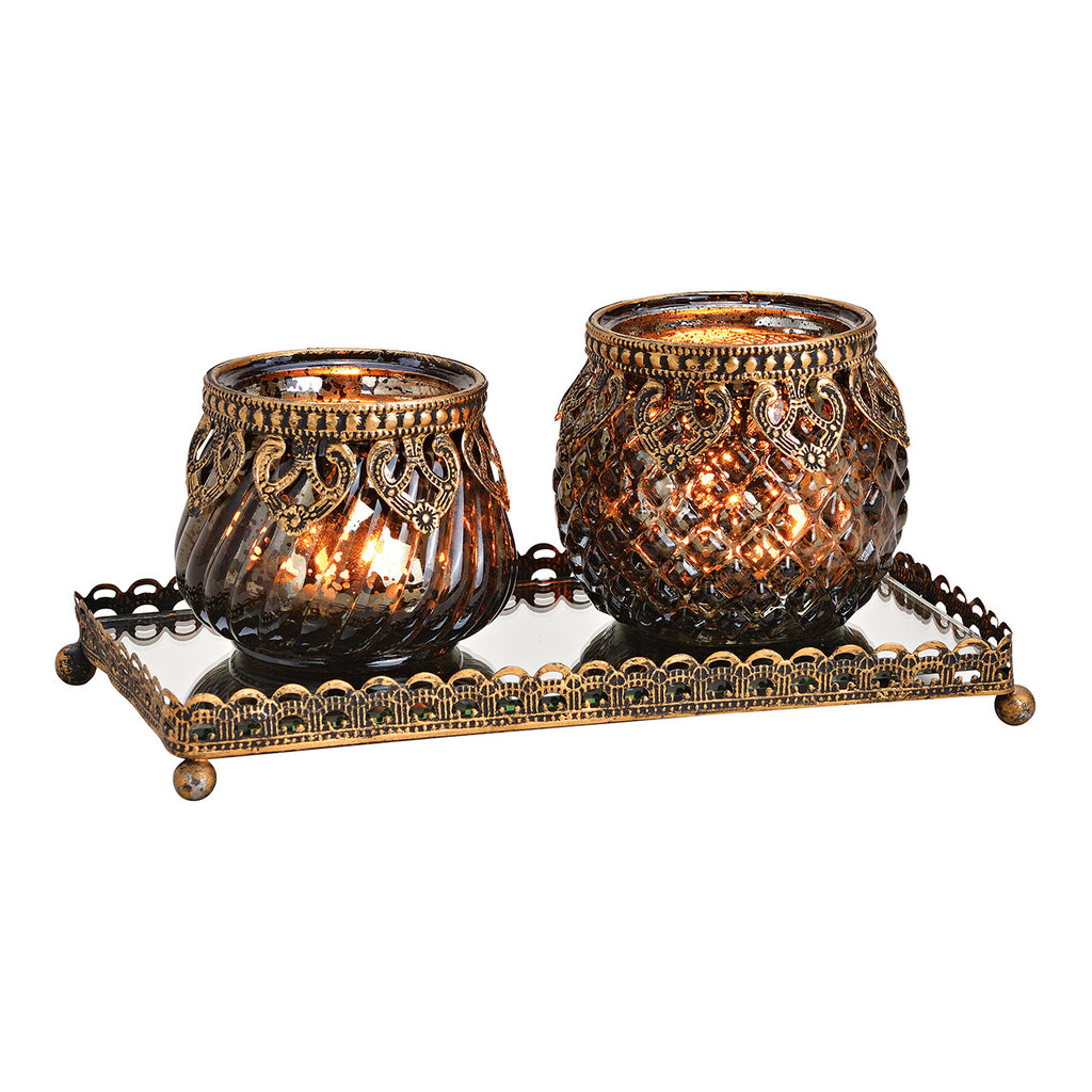 SVJ Kandelaar Spiegelblad - 11x20x9 cm - Glas - Goud - Set van 3