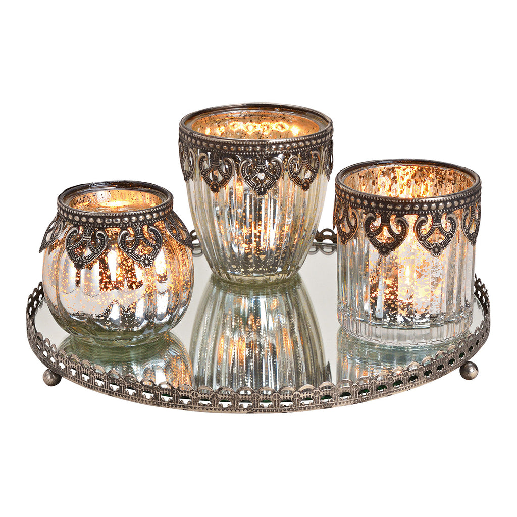 SVJ Kandelaar Spiegelblad - 25x25x9 cm - Glas - Zilver - Set van 4