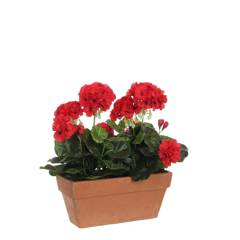 Mica Decorations geranium rood in balkonbak terra maat in cm: 29x13x40