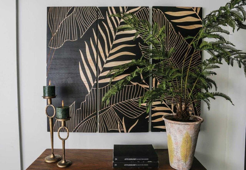 PTMD Neron hout wandpaneel zwart palmen - 145 x 4 x 120 cm - Zwart