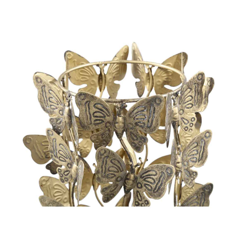 PTMD Butterfly Rond Windlicht - H23,5 x Ø17 cm - Ijzer/glas - Goud