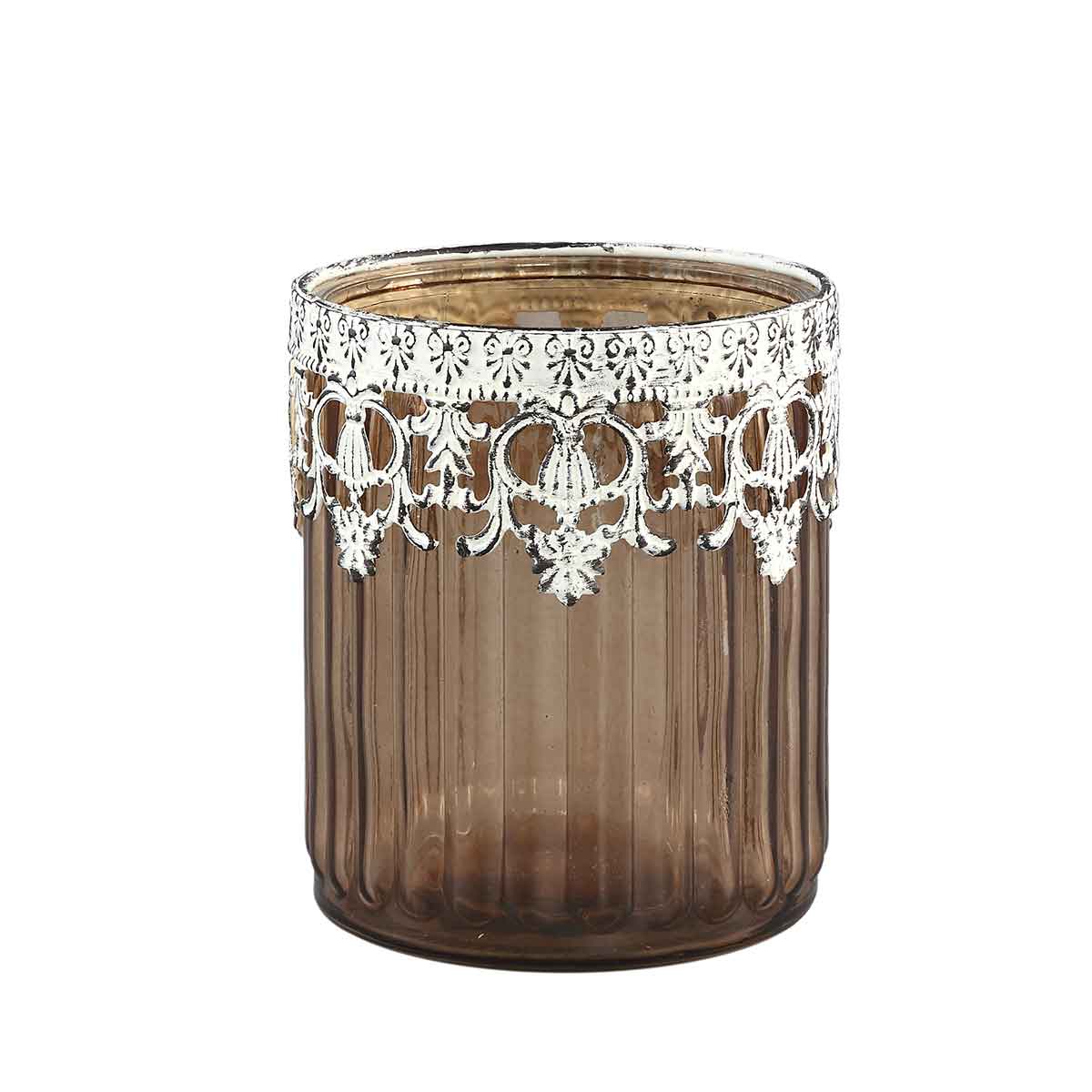 PTMD Chriss Rond Theelicht - H12 x Ø9,5 cm - Glas - Donker bruin