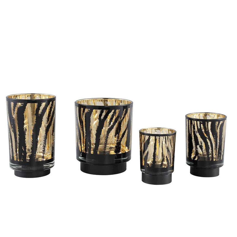 PTMD Maudy Windlicht Zebra LED - H18 x Ø15 cm - Glas - Zwart/goud