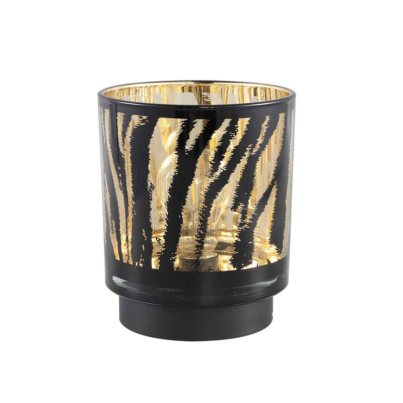 PTMD Maudy Windlicht Zebra LED - H18 x Ø15 cm - Glas - Zwart/goud