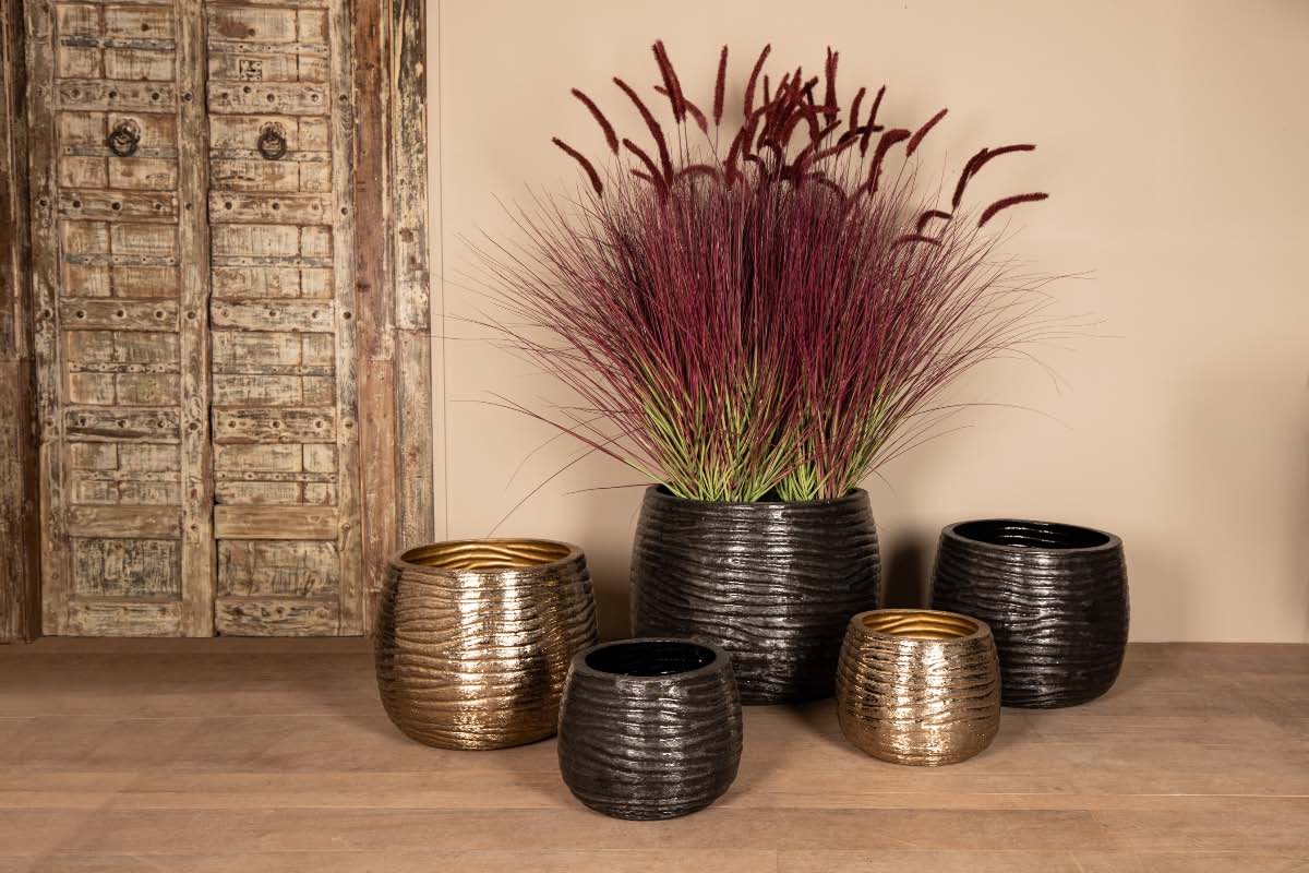 PTMD Delida Ronde Bloempot - H50xØ64 cm - Set van 3 - Zwart