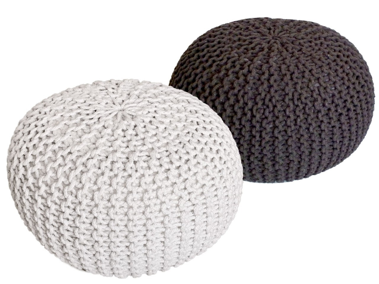 SVJ Poefs Rond - 55x55x37 cm - Katoen - Wit/Donkergrijs - Set van 2