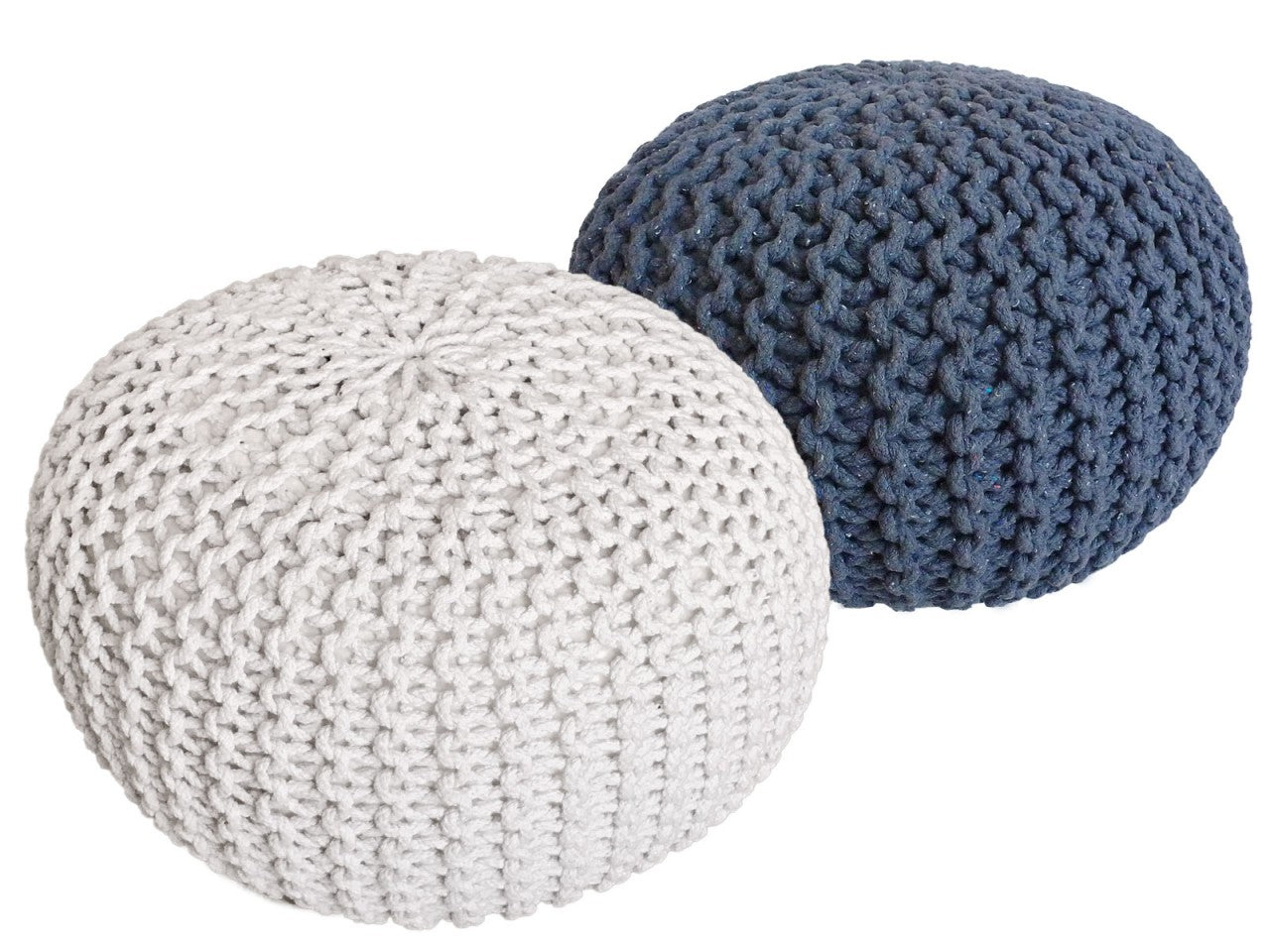 SVJ Poefs Rond - 55 x 55 x 37 cm - Katoen - Wit/Blauw - Set van 2