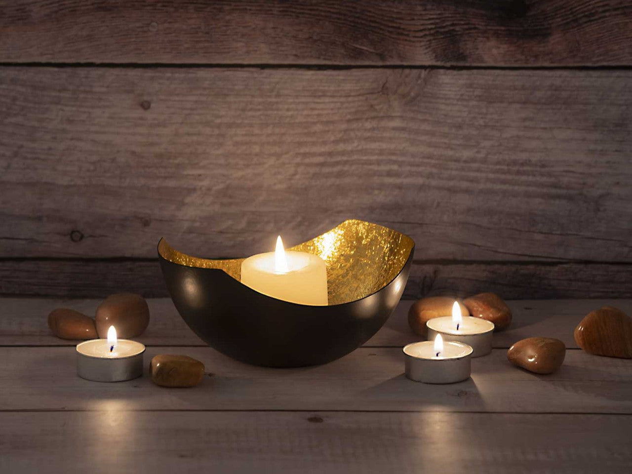 SVJ Windlichten Rond - 12x15x7 cm - Metaal - Zwart/Goud - Set van 2